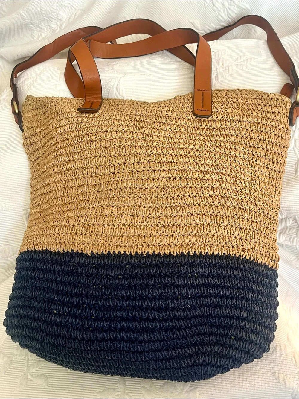 GAP Two-Tone Woven Tote in Tan & Navy with Brown Leather Straps